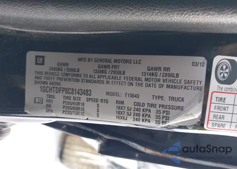 2012 Chevrolet Colorado 2Lt из США, поврежденный, VIN 1GCHTDFP8C8143483